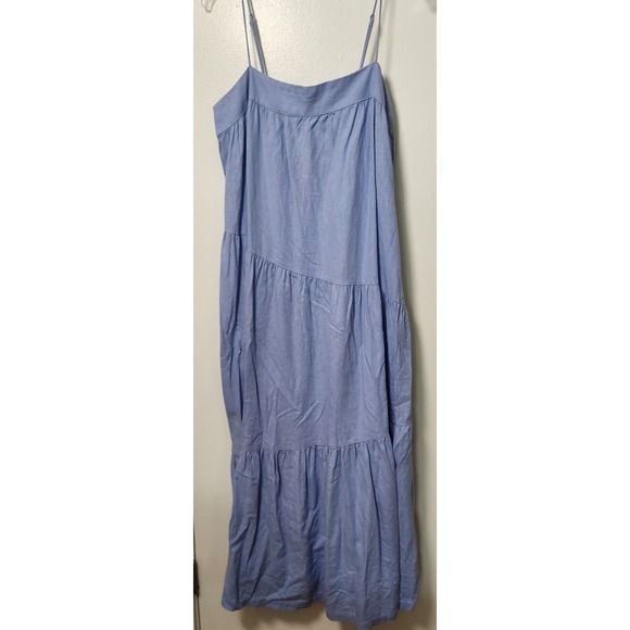 Abercrombie & Fitch Linen Blend Maxi Dress Lrg Blue‎ Asymmetric Tiers Adjustable - Picture 2 of 13